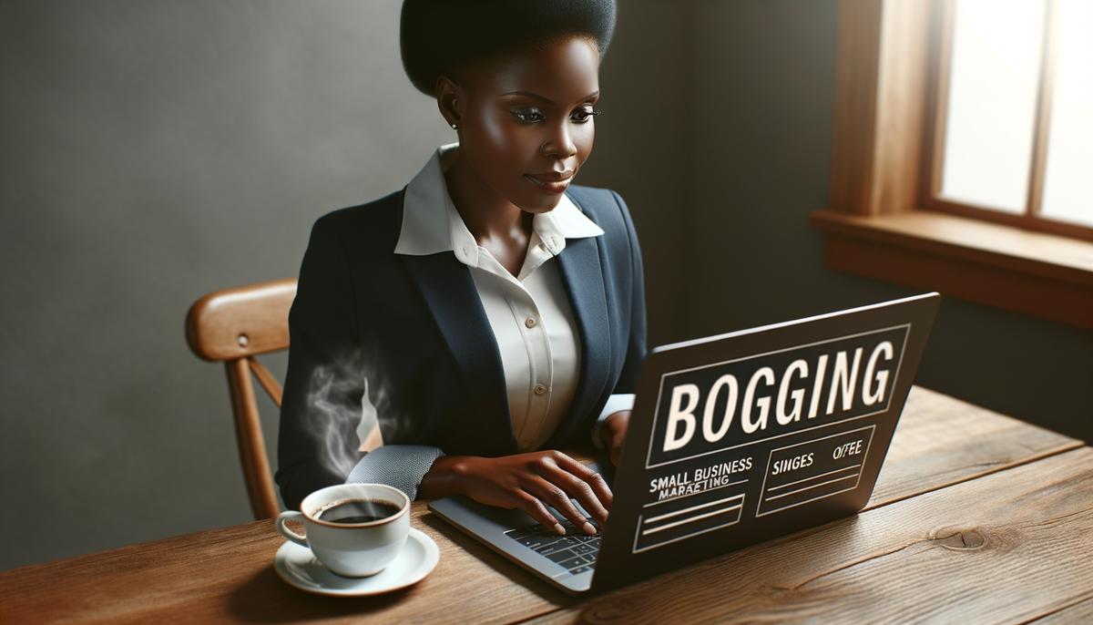 A professional looking person typing on a laptop with a cup of coffee next to them, symbolizing blogging for small business marketing